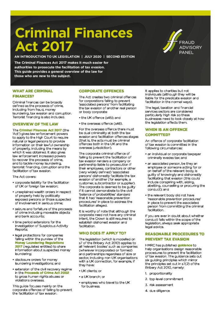 Criminal Finances Act 2017 (2nd ed) July2020 document cover