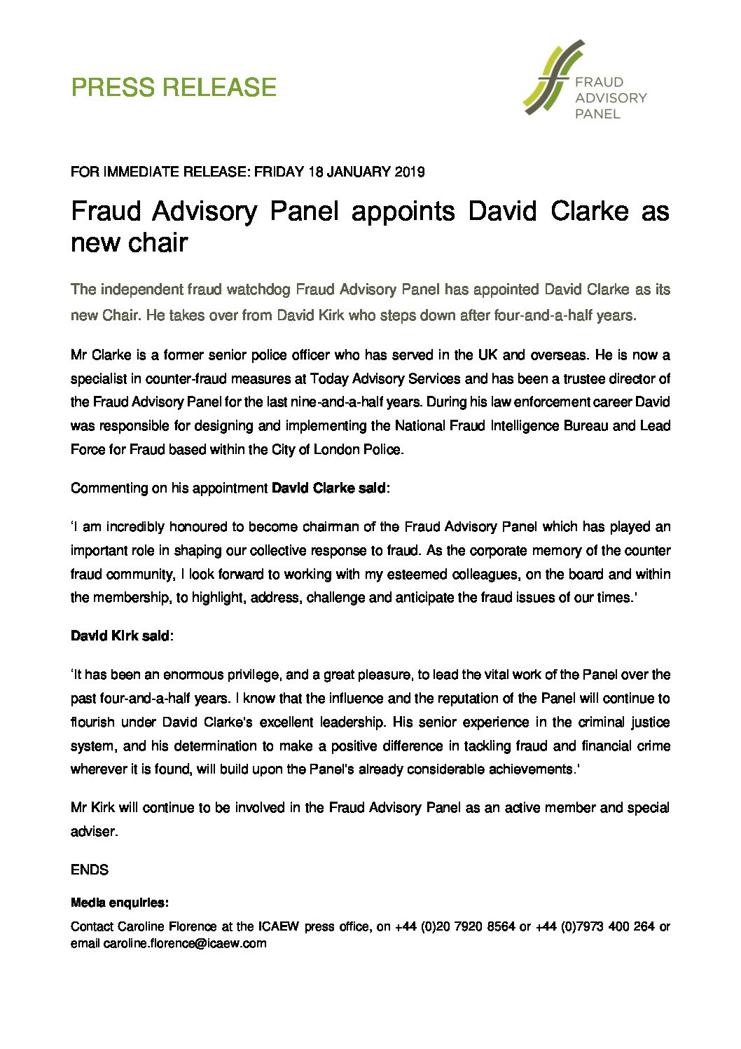 Fraud Advisory Panel appoints David Clarke as new chair 18Jan19 document cover
