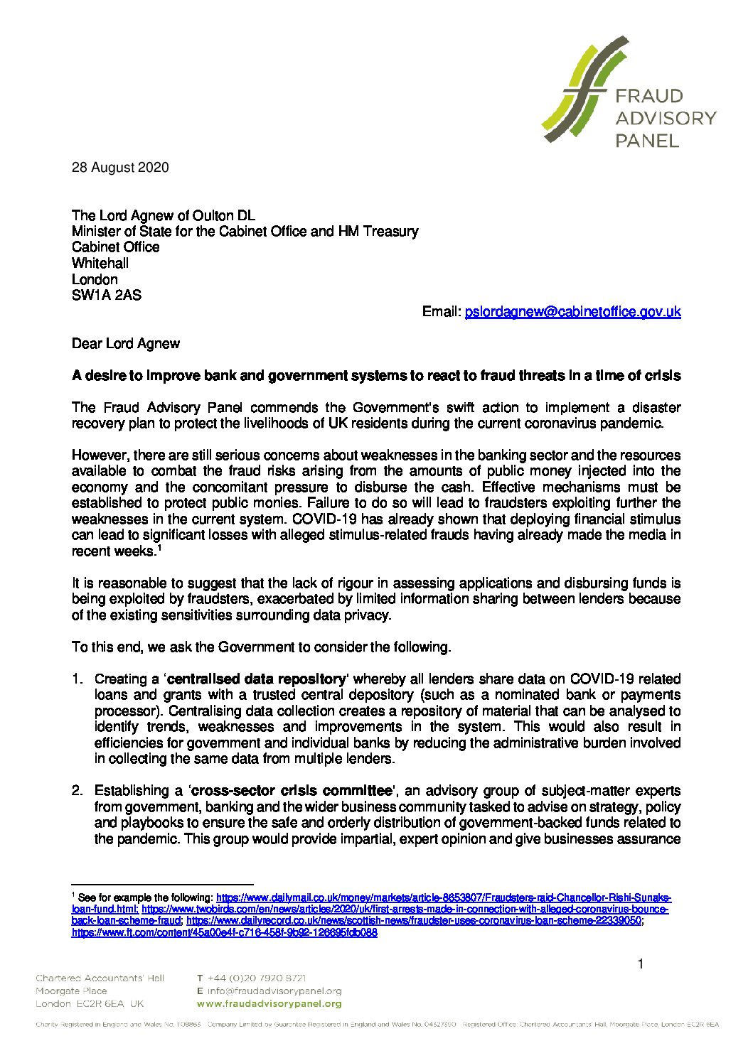 Letter to Minister of State CO (Crisis Committee) 28Aug20 document cover